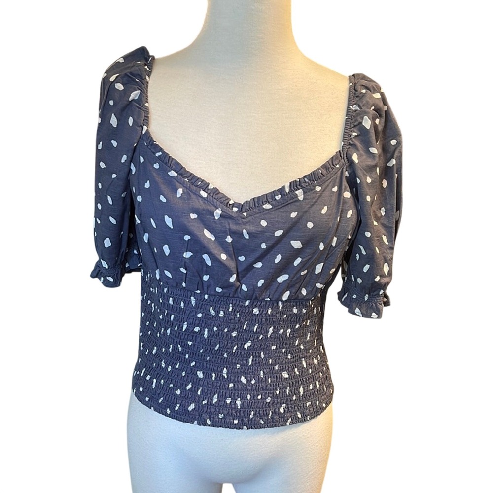 Abercrombie & Fitch Blue Polka Dot Smocked Puff Sleeve Sweetheart‎ Top Large